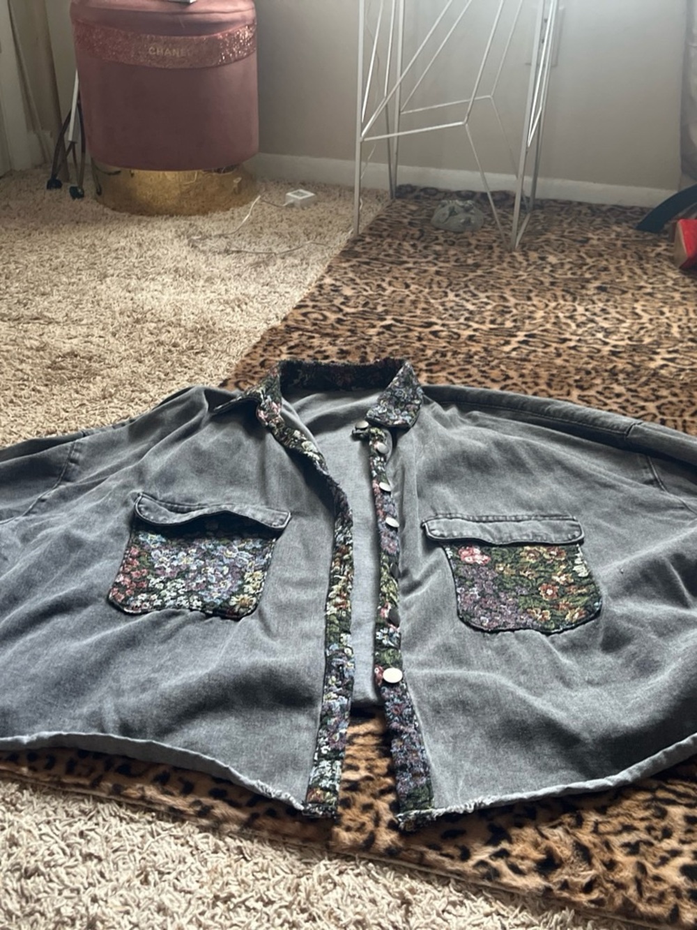 Women's Gray Jean Jacket with Floral Trim